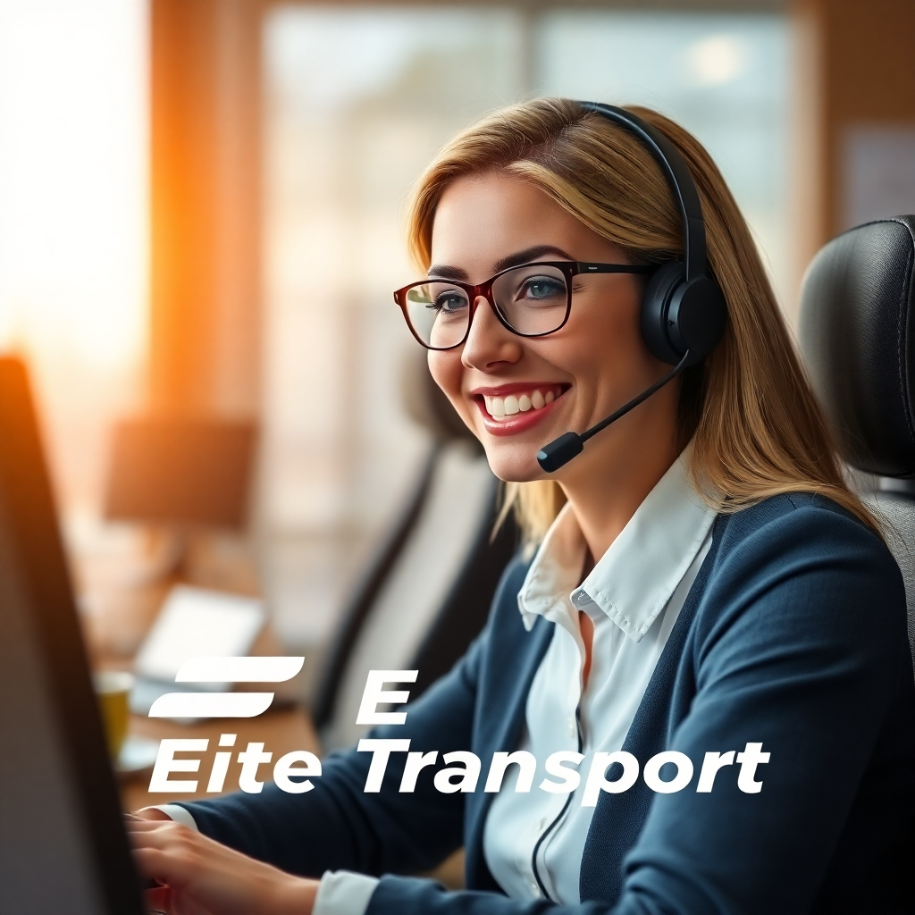 Photorealistic image of a customer service representative smiling and helping a client on the phone, with the Elite Transport logo visible. Warm lighting, professional setting. 4K resolution, high quality.