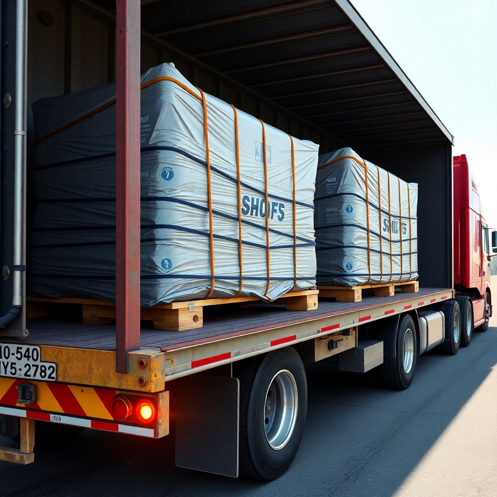 Photorealistic image of a full truckload shipment secured and ready for transport.  Show details such as secure straps and proper loading techniques.  4K resolution, high quality.