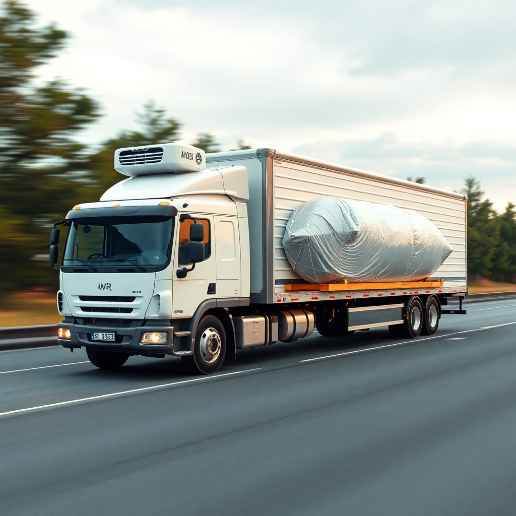 Photorealistic image of a specialized vehicle (refrigerated truck or flatbed) transporting unique cargo.  Clearly show the specialized nature of the transport.  4K resolution, high quality.