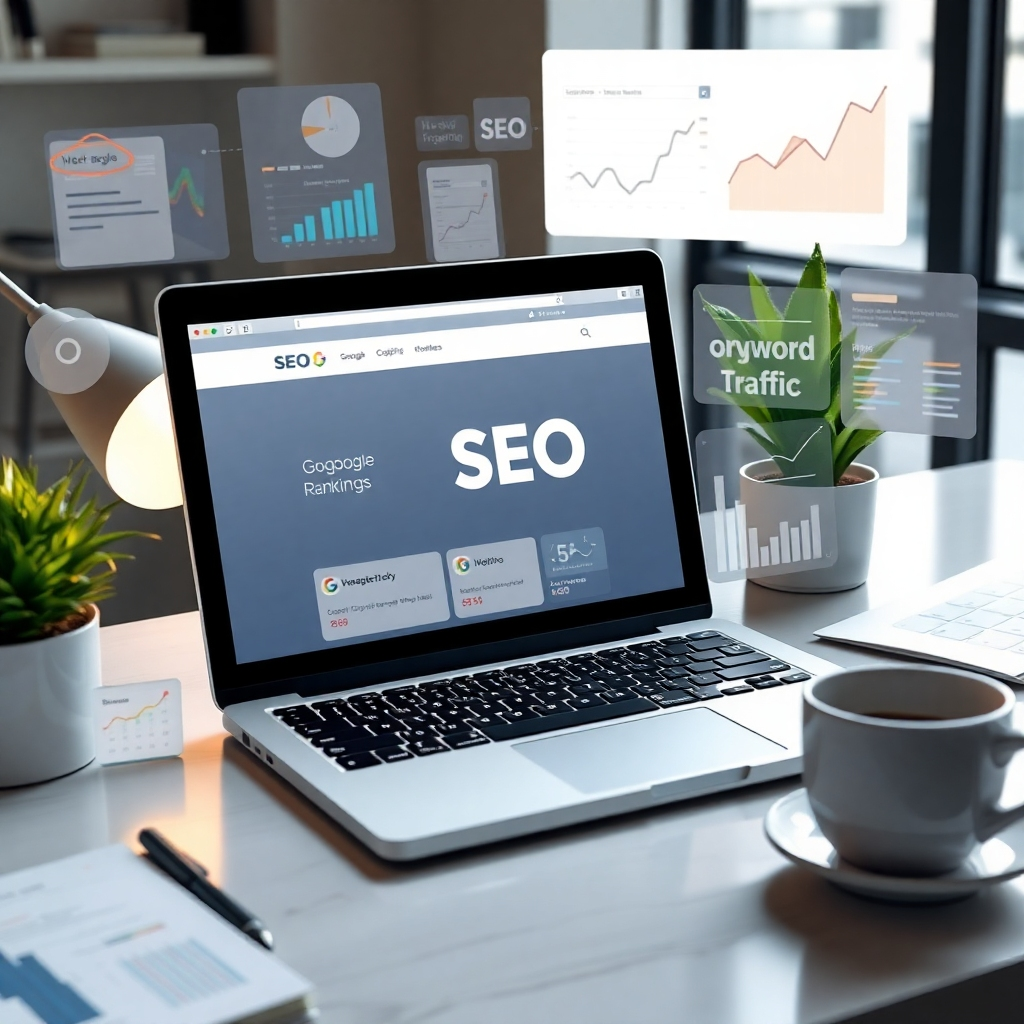  A photorealistic image of a laptop displaying a website with high search engine rankings, surrounded by various SEO tools and analytics charts. The overall mood should be professional and successful. The laptop should be on a modern desk with coffee and a plant. Include keywords like "SEO", "Google rankings", "organic traffic", and "keyword research" subtly within the image.