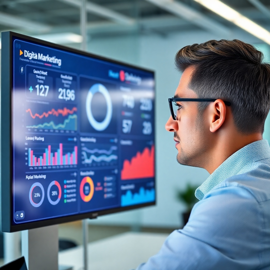 A photorealistic image of a person looking at a large screen displaying key performance indicators (KPIs) and data visualizations related to digital marketing campaigns. The environment should be a modern office with a clean, minimal aesthetic. The expression on the person's face should convey focus and analysis. High resolution, sharp details, realistic textures and lighting.