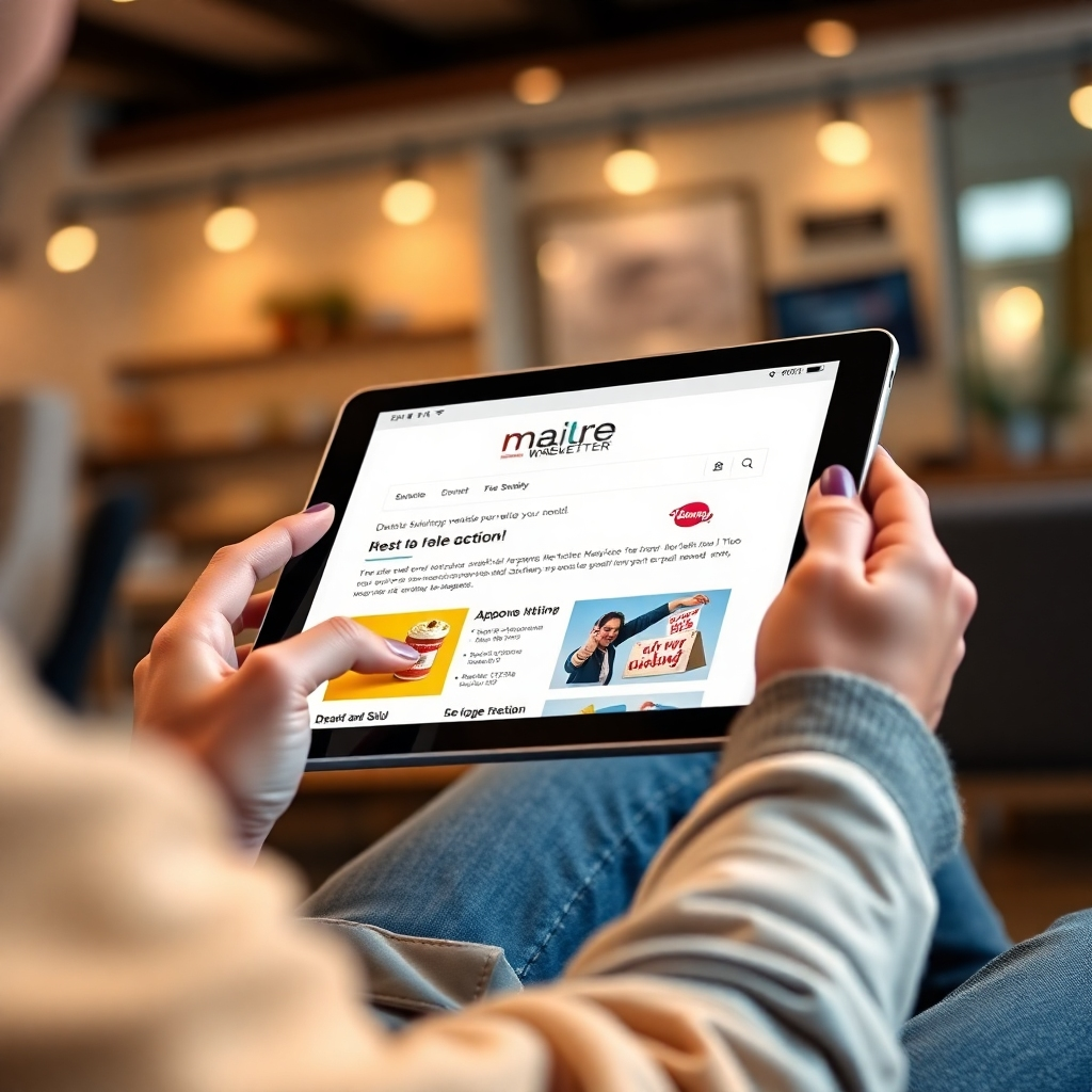  A photorealistic image of a person happily reading an email on their tablet, showcasing a well-designed email newsletter with a compelling call to action. The background should hint at a successful e-commerce business. The image should convey the feeling of trust, personalized communication, and successful email marketing campaign results.