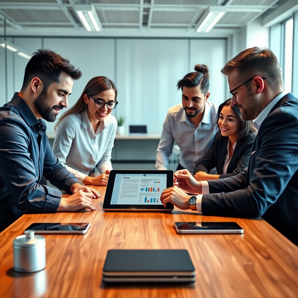 A photorealistic image of a team of diverse business people collaborating around a large table, focused on a digital strategy document displayed on a tablet. The room should be modern and bright, with various digital devices subtly in the background. The mood should be one of collaborative innovation and strategic planning. High resolution, cinematic lighting, detailed textures.