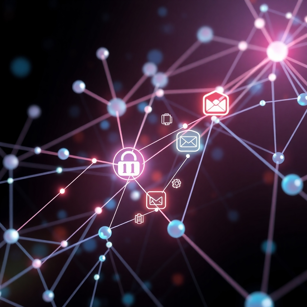 A photorealistic image of interconnected nodes and lines forming a network, with data streams and icons representing social media, SEO, email marketing, and other digital channels flowing through it. The overall style should be modern, clean, and visually engaging. The image should visually represent the interconnectedness of different marketing channels within a broader digital transformation strategy. High resolution, vibrant colors, detailed visual elements.