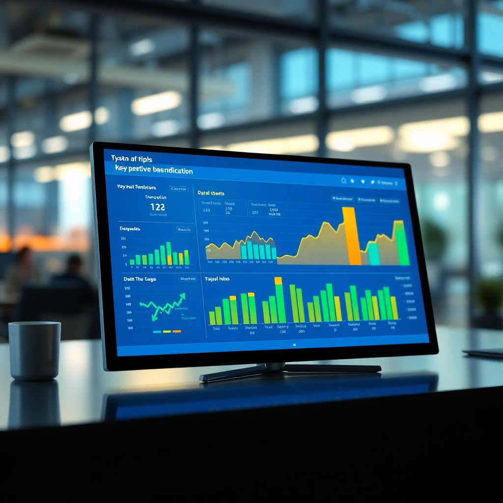 Create a photorealistic image of a data dashboard displaying key performance indicators (KPIs) and charts showing upward trends. The dashboard should be modern and visually appealing, with a clean and professional design. The color palette should be primarily blue and green, with accents of orange and yellow to highlight key data points. The lighting should be bright and focused, emphasizing the importance of data-driven decision-making. The background should be blurred to keep the focus on the dashboard. Style: Data visualization, modern, and professional.