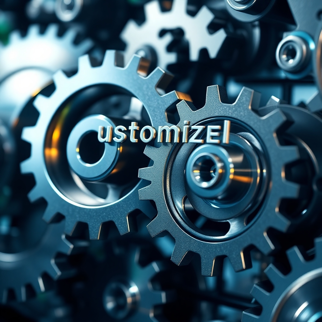 Create a photorealistic image showing a set of gears interlocking perfectly, representing customized solutions. The gears should be metallic and polished, with intricate details. The lighting should be focused and dramatic, highlighting the precision and functionality of the gears. The color palette should be primarily silver and gold, with accents of blue and green. Style: Industrial, precise, and functional.