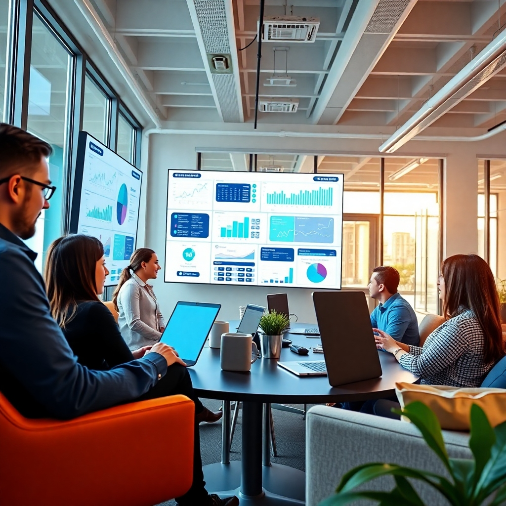 Create a photorealistic image representing the core values of Adamkom by JJP. Depict a diverse team of digital marketing experts collaborating in a modern, bright office space. The focus should be on teamwork, innovation, and client success. The composition should be dynamic, with team members engaged in discussions, analyzing data on large screens, and developing creative strategies. The lighting should be natural and warm, creating a welcoming and productive atmosphere. Camera angle: eye-level, capturing the energy and collaboration of the team. Texture details should emphasize the modern and comfortable office environment. The color palette should be professional and inviting, using a mix of blues, greens, and whites. Style: Modern, collaborative, and success-oriented. Resolution: 4K.