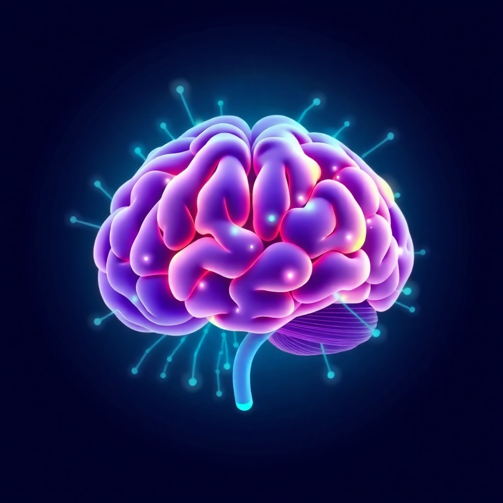 Create a stylized image of a brain with interconnected digital circuits, representing the expertise and innovation of Adamkom by JJP. The color palette should be vibrant and modern, with a mix of blues, purples, and greens. The lighting should be soft and diffused, creating a sense of intelligence and creativity. The background should be simple and uncluttered, allowing the focus to remain on the brain. Style: Abstract, futuristic, and intelligent.