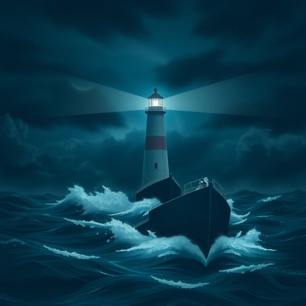 Create a visual metaphor of a lighthouse guiding a ship through a storm. This image should evoke a sense of guidance, protection, and support. Use a dark and stormy sky to contrast the bright, steady beam of the lighthouse. Style: guiding, strong, and reliable.