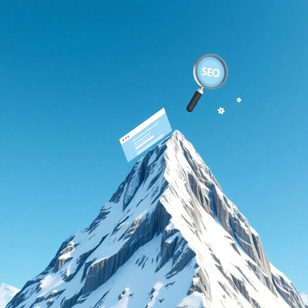 Create an image illustrating a website climbing a mountain, symbolizing SEO success. Include elements like a magnifying glass, website icons, and a clear sky. Focus on the upward movement and achievement.