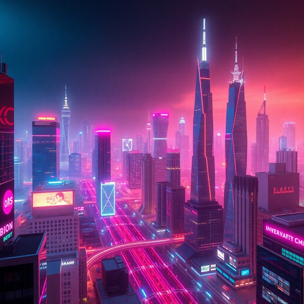 Create an image of a futuristic cityscape with holographic projections and advanced technology integrations. The color palette should be sleek and modern, with neon accents. Highlight innovation and technological advancements.