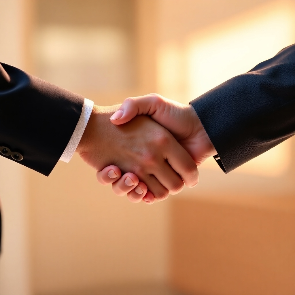 Create an image of two hands shaking, symbolizing a trusted partnership. The lighting should be warm and inviting, highlighting the strength and reliability of the connection. The background should be soft and blurred to keep the focus on the handshake. The style should be professional, reliable, and trustworthy.