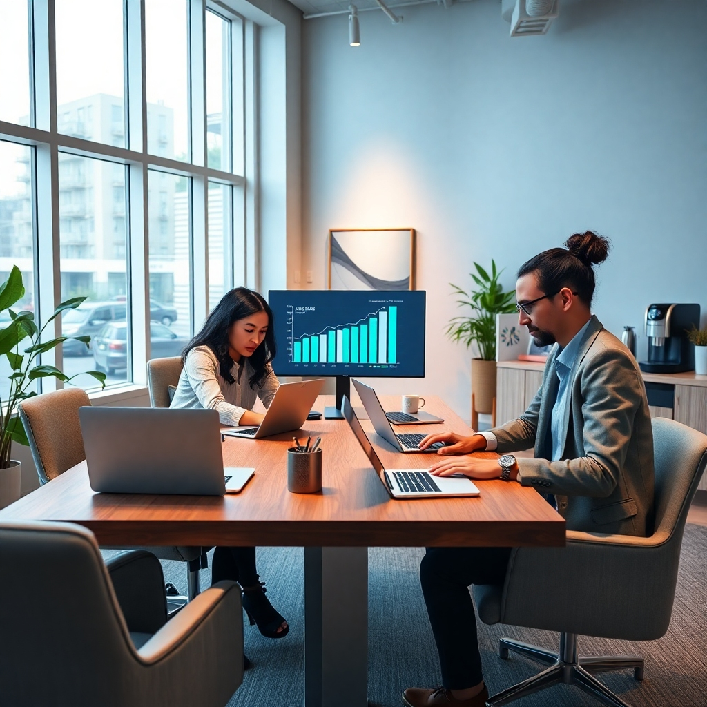 Photorealistic image, 8K resolution, hyperrealistic style.  A modern, bright office space with large windows letting in soft, natural light. The scene should feel clean, professional, and subtly energetic.  The color palette should be a sophisticated blend of cool blues and grays, accented with warm wood tones and pops of vibrant teal. The mood is confident and forward-thinking. The composition features a diverse team of three professionals (20s-40s) collaboratively working on laptops and tablets, showcasing a dynamic teamwork atmosphere. The camera angle is slightly elevated, looking down at the team, creating a sense of perspective and inclusivity.  The scene is meticulously detailed; textures include the smooth glass of laptops, the subtle grain of the wood desk, and the soft texture of clothing.  Modern furniture is incorporated, clean lines, and minimalist design.  A large screen subtly displays a compelling data visualization graph representing business growth. Background details include abstract art on the wall, stylish plants, and a modern coffee machine.  Environmental elements include subtle ambient lighting, highlighting the workspace. Style references: Apple product photography, high-end corporate branding.  Focus on sharp details and realistic material rendering. The image should evoke a feeling of innovation, collaboration, and success., ultra high resolution, photorealistic, 8K, hyperdetailed, cinematic lighting