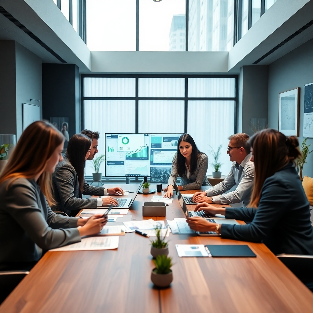 Photorealistic image, 8K resolution, hyperrealistic detail.  A diverse team of marketing professionals are huddled around a large table in a modern, bright office, examining data on multiple screens and laptops. Soft diffused lighting from large windows illuminates the scene. The color palette is sophisticated, with cool blues and greens accented by warm wood tones. The camera angle is slightly elevated, showing the team in a collaborative setting. Textures include smooth glass screens, the matte finish of laptops, and the warm texture of the wooden table. Environmental elements include modern office furniture, plants, and artwork.  Props include marketing charts, graphs, and reports. The overall mood is one of focused collaboration and innovation. Style reference: Annie Leibovitz. The image should convey a sense of professional expertise and creativity.
