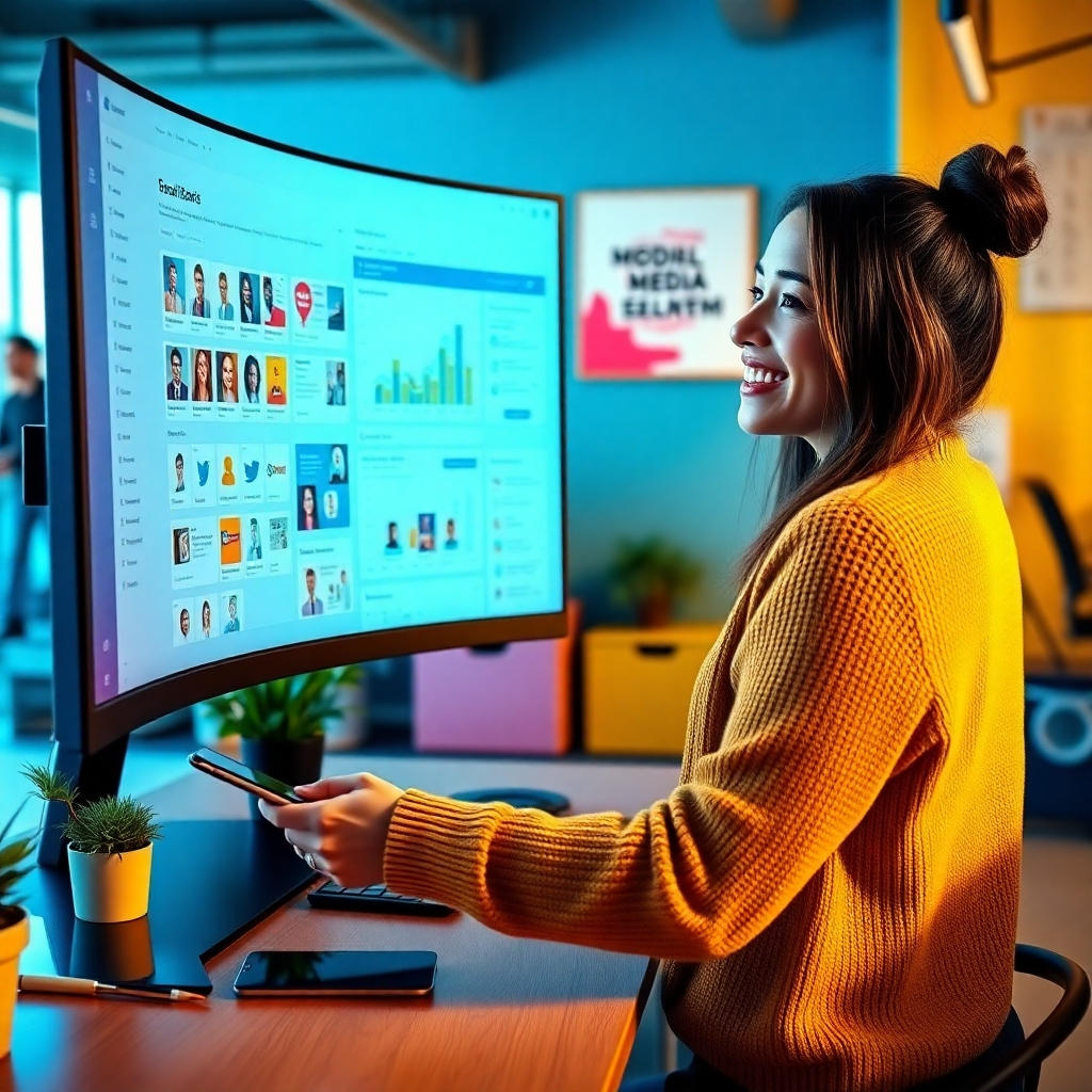 Photorealistic image, ultra-high definition, cinematic lighting. A young, smiling woman, dressed professionally, is engaging with various social media platforms on a large curved monitor in a vibrant, modern workspace.  Dramatic side lighting creates a dynamic mood. The color palette is bright and energetic, using bold blues, sunny yellows, and pops of orange. The camera angle is over the shoulder, focusing on the woman's interaction with the screen. Textures include the smooth glass of the screen, the soft knit of her sweater, and the polished metal of the desk. Environmental elements include modern office decor, plants, and motivational posters. Props include a smartphone, laptop, social media analytics dashboard visible on the monitor. Style reference: Gregory Crewdson.  The image conveys a sense of connection, responsiveness, and community engagement.