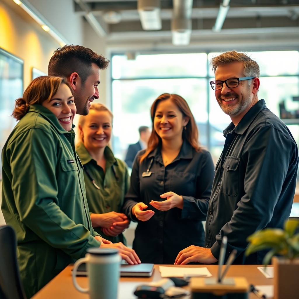 A heartwarming image of friendly technicians greeting customers at their workplace, emphasizing approachable service. The warm lighting creates a welcoming atmosphere with a color palette of soft yellows and greens. The camera captures the smiles and interactions between the team and clients. Style reference: friendly engagement. Technical specs: 4K resolution.