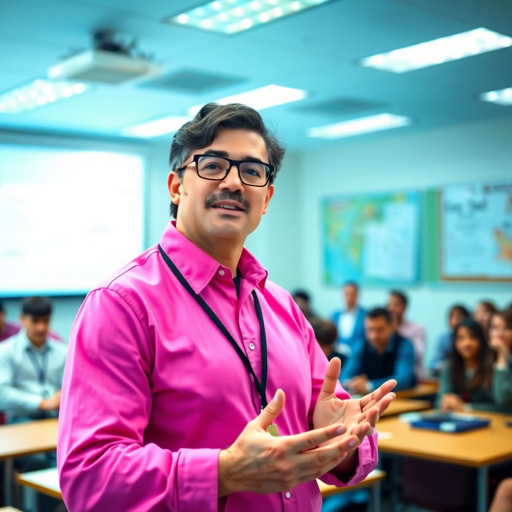 A photorealistic image of a knowledgeable staff member presenting a workshop on drug testing fundamentals. The background shows a classroom setting with engaged participants. The lighting is bright with a vibrant color palette inviting learning. The camera angle emphasizes the instructor's passion while capturing the audience's attention. Style reference: educational environment. Technical specs: 4K resolution.