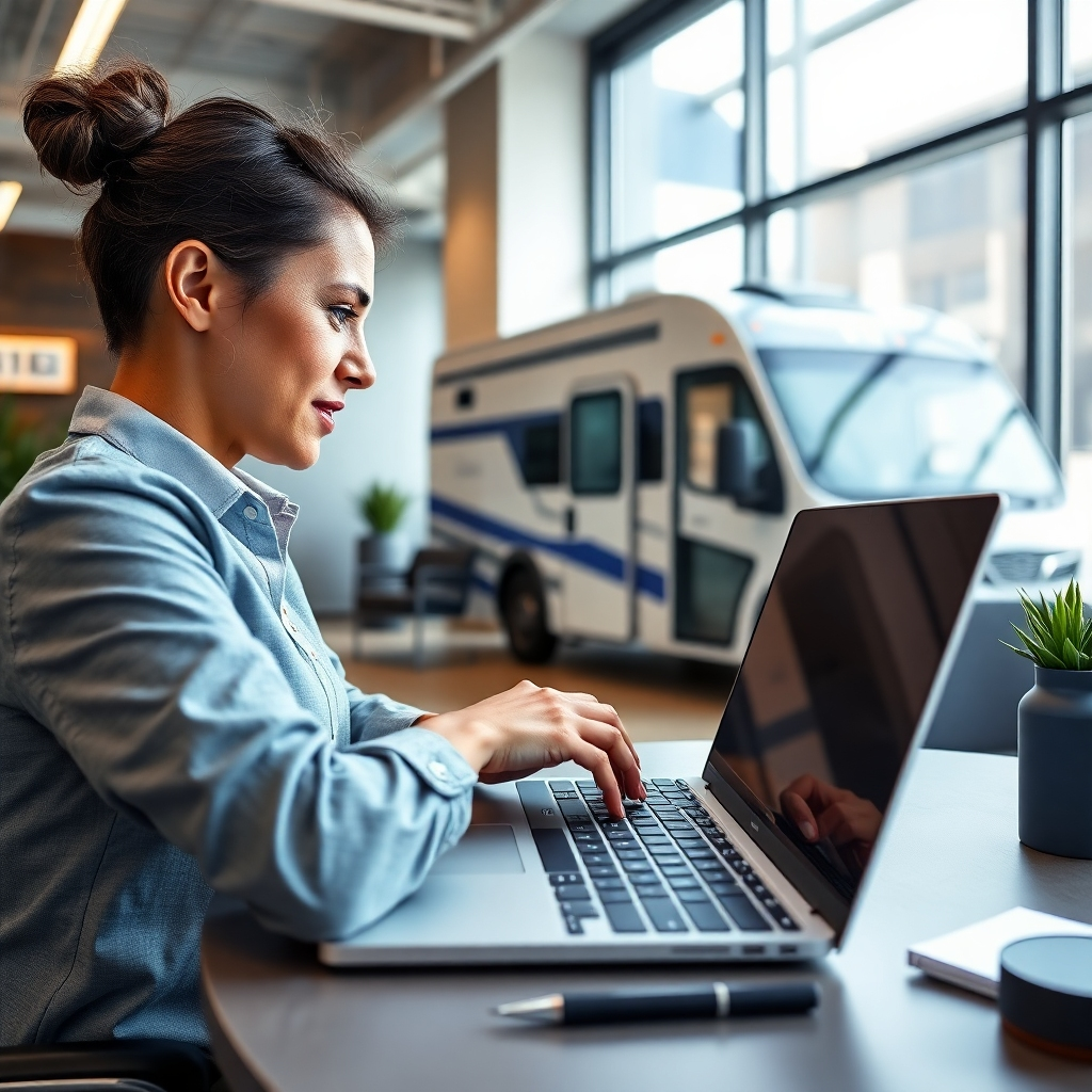 A photorealistic image of a scheduler on a laptop, coordinating testing appointments with the mobile unit in the background. The setting is an office space with modern decor and bright lighting. The color palette features professional grays and blues. The camera angle captures both the scheduler's expression and the mobile unit outside the window, symbolizing efficiency and connectivity. Texture details include the sleek laptop and contemporary office items. Style reference: modern workspace. Technical specs: high quality.