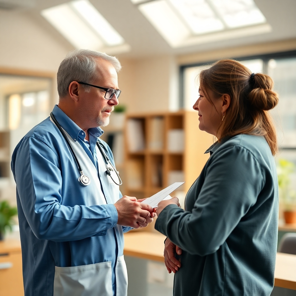 A photorealistic image showing a technician explaining the drug testing process to a client at their workplace. The background displays a safe, office environment with a focus on dialogue and support. The color palette is warm and inviting, with natural lighting pouring in through windows. The camera angle emphasizes the interaction, showcasing the professionalism and trust in the service. Style reference: engaging communication. Technical specs: 4K resolution.
