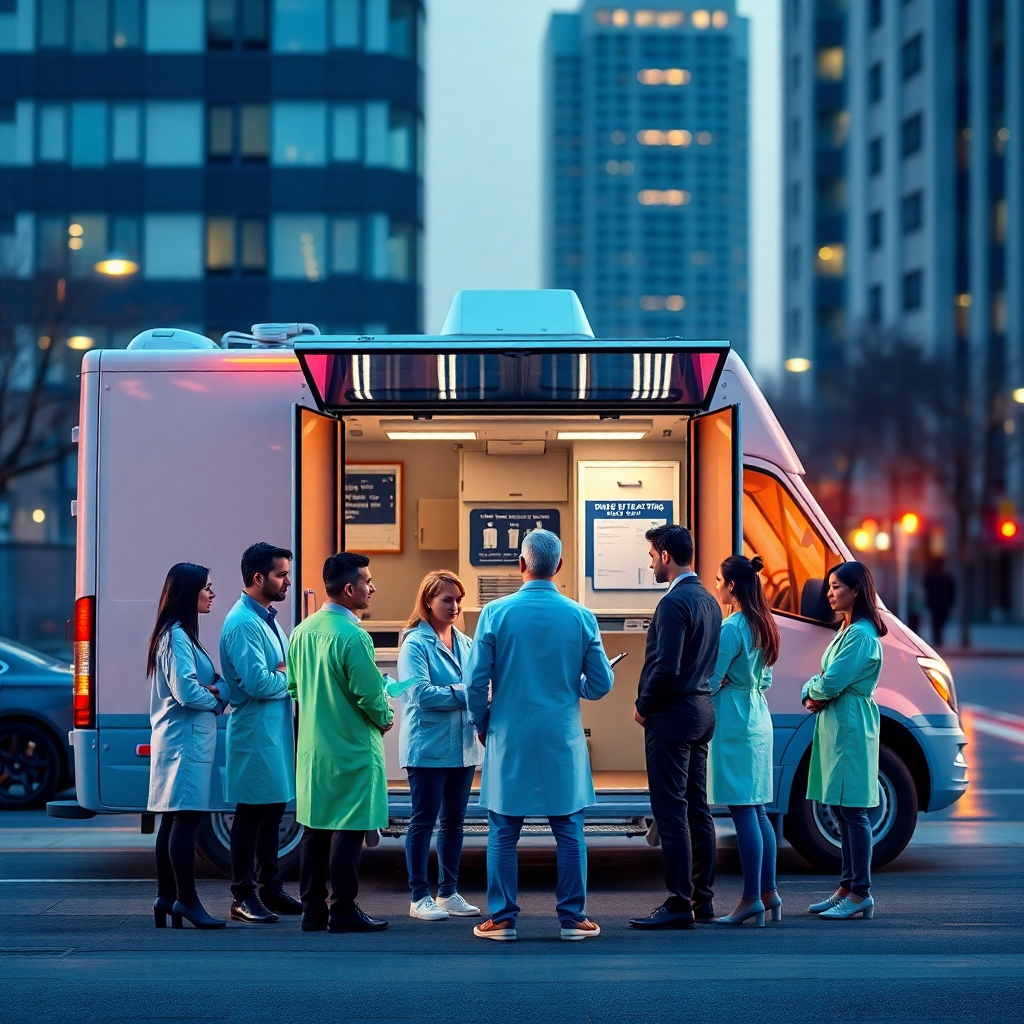 A photorealistic image that captures the essence of teamwork and professionalism at 'All In One Drug Testing Services'. The scene shows a diverse group of technicians discussing testing protocols around a modern mobile unit. The composition is warm and inviting, featuring soft lighting that resonates with a corporate environment. The color palette includes blues and greens that symbolize trust and vitality. The camera angle is wider to show the collaborative atmosphere and the high-quality, sleek design of the mobile unit contrasted against the backdrop of an urban setting. Style reference: contemporary corporate look. Technical specs: 4K resolution, high quality.