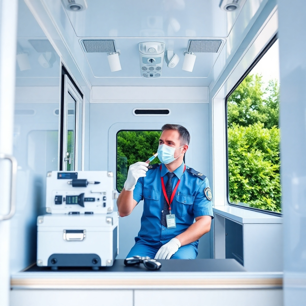A photorealistic, ultra-high quality header image representing 'All In One Drug Testing Services'. The image features a professional drug testing technician in uniform, conducting a test in a modern mobile unit. The environment is bright and clean, with natural lighting that indicates the exterior of a corporate office. The color palette is composed of light blues and whites, conveying trust and professionalism. The camera angle is slightly tilted from above, capturing the technician's focus and the equipment used in drug testing. The texture details of the technician's uniform and the testing kit are sharp, while the background displays greenery to enhance the welcoming aspect. Style reference: modern realism. Technical specs: 8K resolution, hyperrealistic.