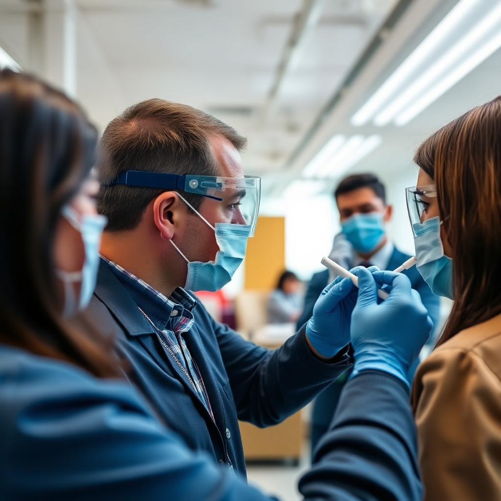A realistic image of a technician conducting a random drug test in a workplace setting, emphasizing spontaneity and professionalism. The lighting is natural and bright, ensuring a clear view of the process. The color palette includes corporate blues suggesting authority. The camera angle captures the technician and an employee in a candid moment, highlighting the element of surprise in the testing. Style reference: authentic workplace. Technical specs: 4K resolution.