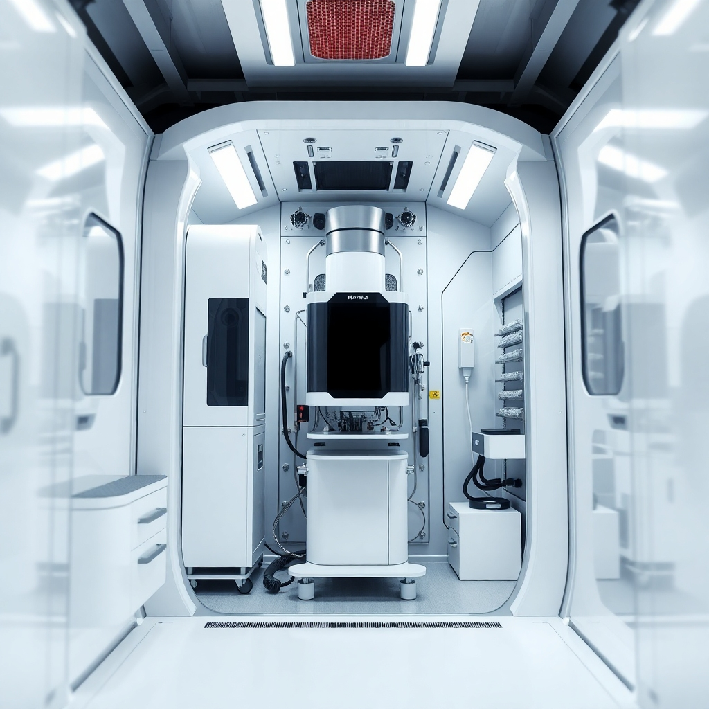 A stylized image featuring high-end drug testing machinery inside the mobile unit, showcasing modern technology. The environment is sleek with structured lines and bright lighting. The color palette is mainly white and silver to convey futurism and precision. The camera angle is slightly angled downwards, focusing on the technology at work. Style reference: modern technology. Technical specs: high quality.