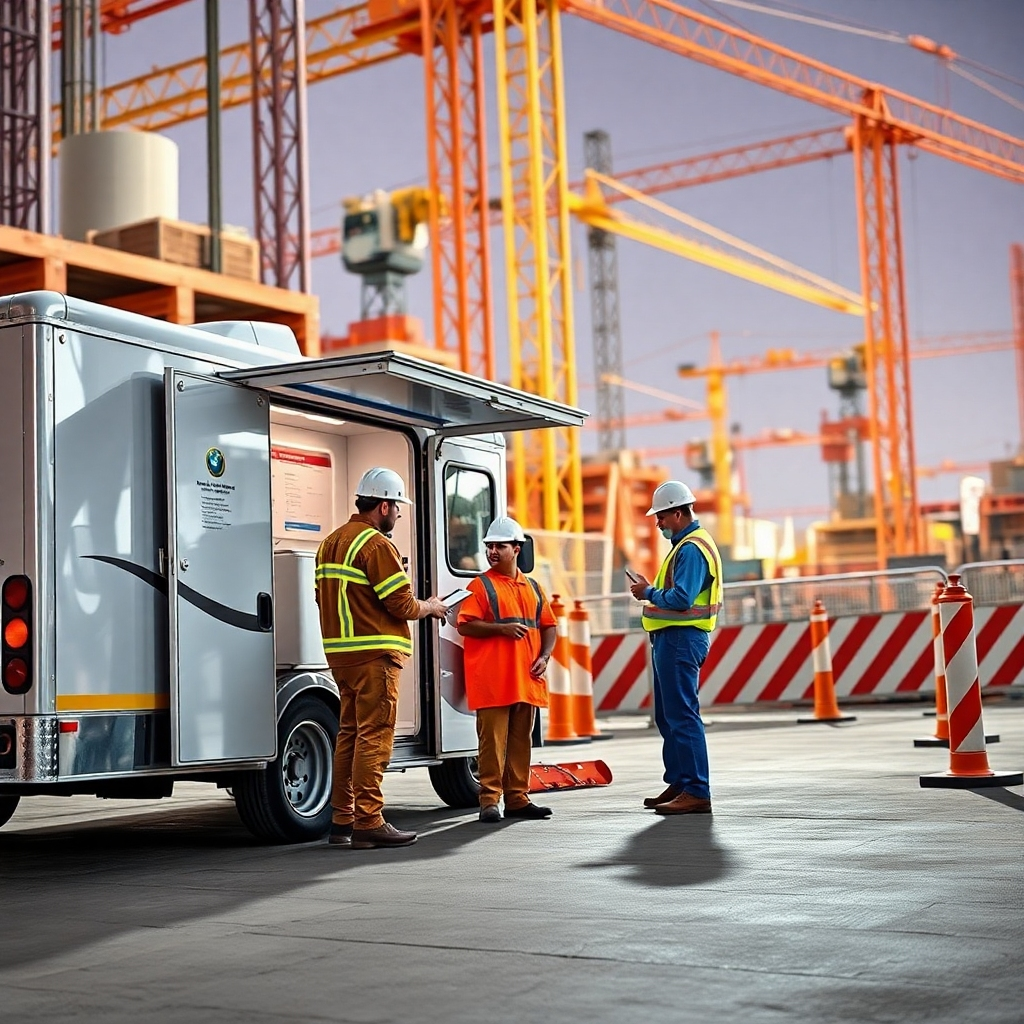 A stylized image portraying a mobile drug testing unit parked at a construction site, with workers engaged in discussions. The lighting is bright and clear, emphasizing the professionalism of the testing setup. The color palette incorporates earthy tones to resonate with the nature of the construction industry, while the background features cranes and safety barriers to add context. The camera angle is low, focusing on the interactions and capturing the essence of teamwork during testing. Style reference: dynamic workplace. Technical specs: high definition.