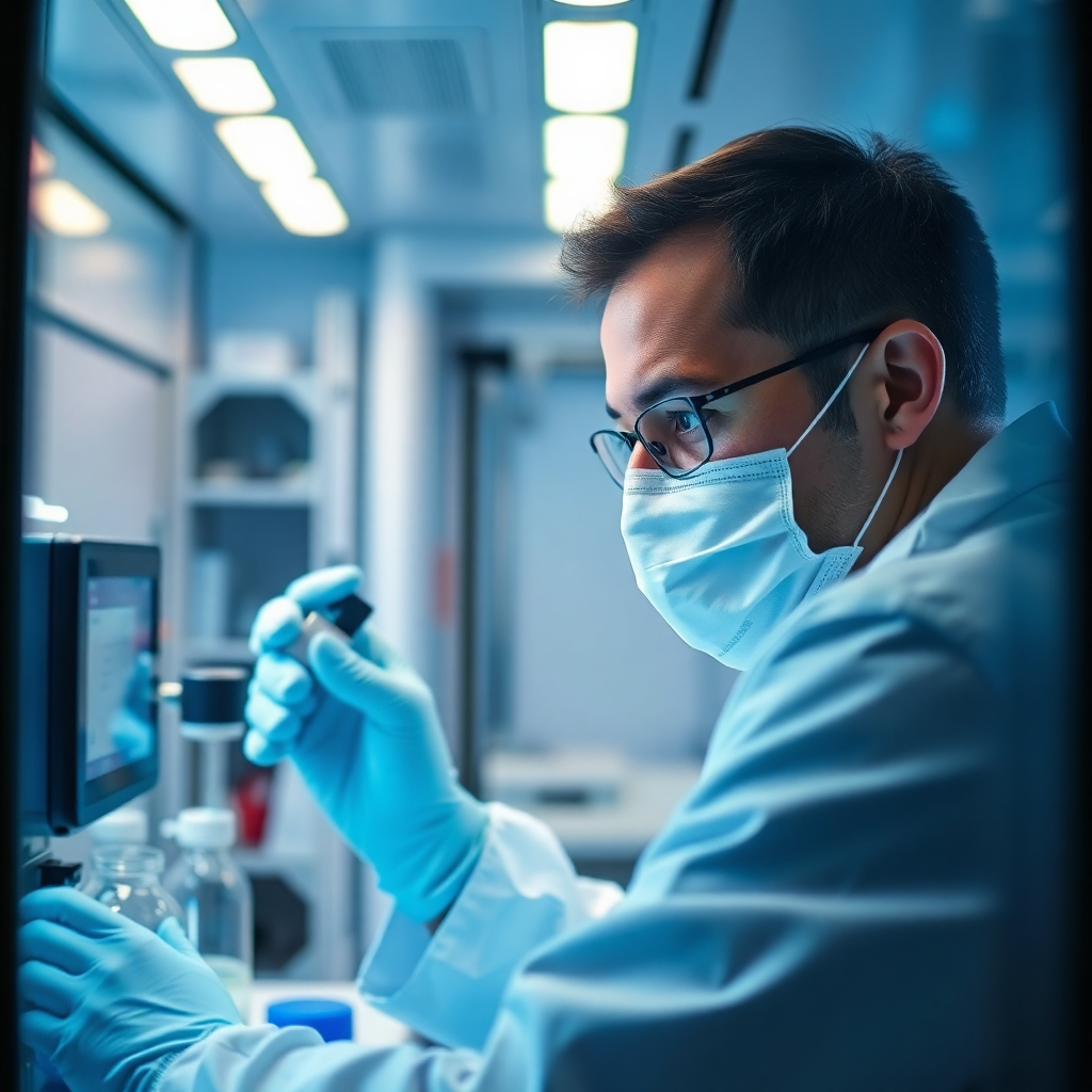 A visual highlighting a professional technician analyzing samples inside the mobile testing unit. The scene is well-lit with a focus on technology and precision. A cool color palette of blues and whites suggests a sterile environment. The camera captures a close-up of the technician's focused expression, ensuring the sense of expertise. Style reference: scientific realism. Technical specs: 4K resolution.