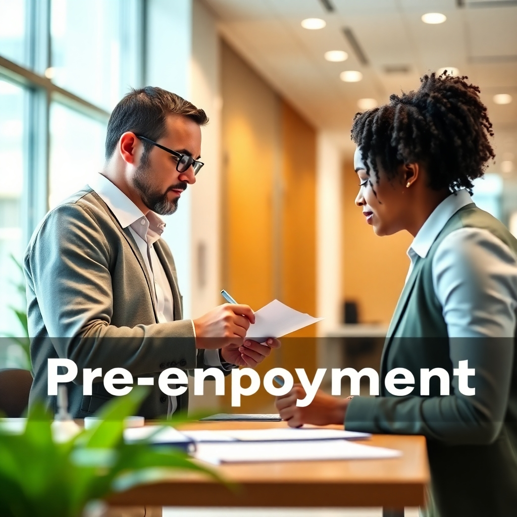 An image depicting a pre-employment drug test scenario, where a prospective employee is filling out paperwork in a professional environment. The lighting is bright and welcoming, enhancing the sense of opportunity. The color palette includes soft greens and whites, representing growth and trust. The camera focuses on the interaction between the HR personnel and the candidate, capturing a moment of engagement. Style reference: professional setting. Technical specs: high resolution.