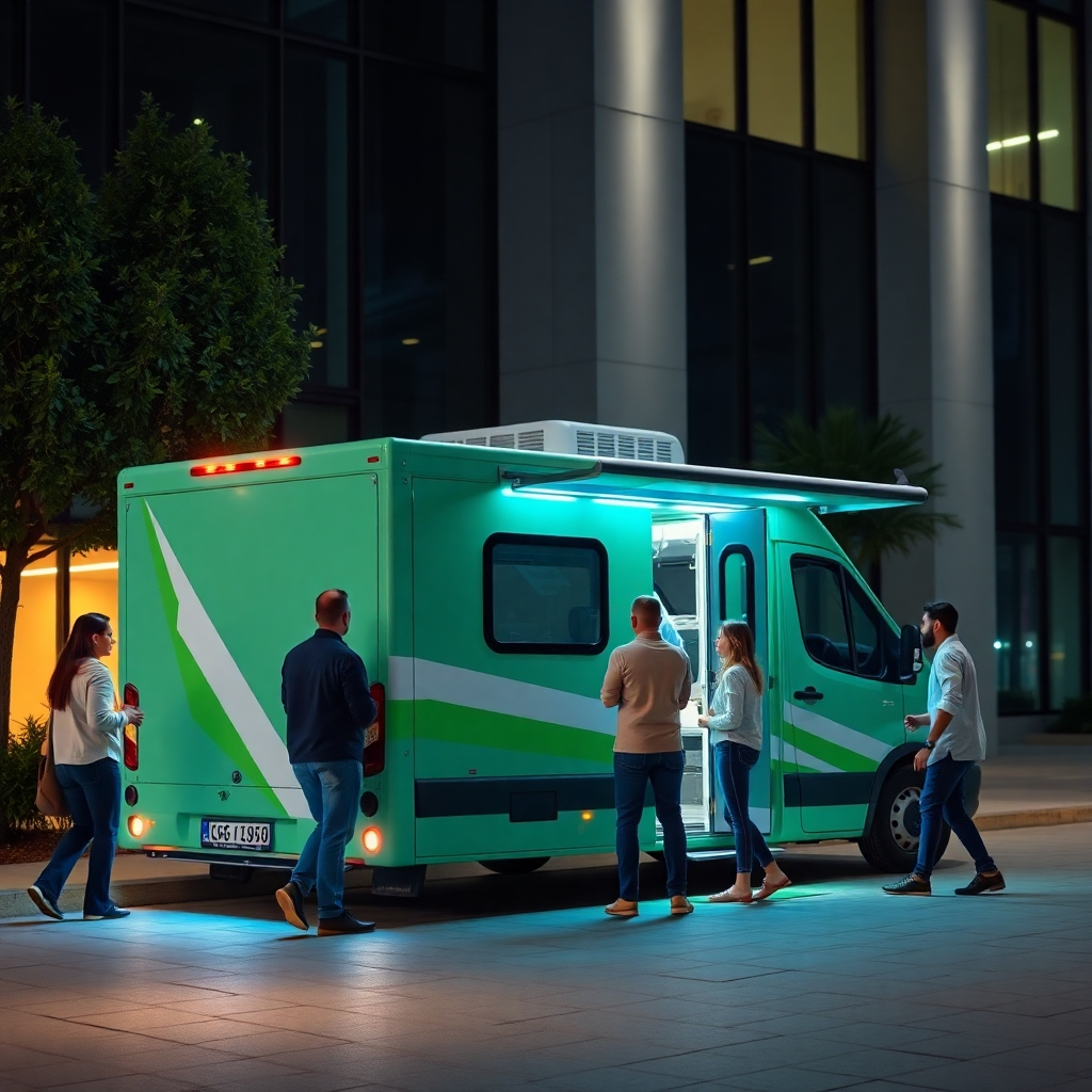 An image depicting the mobile testing unit parked outside a corporate building, with employees approaching it. The ambient lighting is bright and friendly, accentuating the essence of convenience. The color palette includes vibrant greens and blues to signify approachability. The camera angle is slightly elevated, capturing both the unit and the engaged employees creating a lively atmosphere. Style reference: active engagement. Technical specs: high quality.