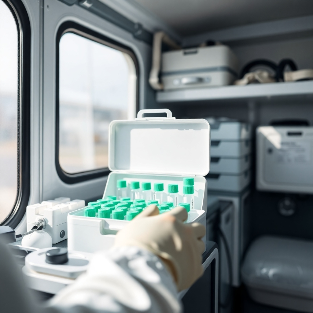 An image representing a meticulously organized drug testing kit being prepared for use inside the mobile unit. The composition focuses on the details of the equipment, with soft natural light creating a calming effect. The color palette consists of whites and greens to represent cleanliness and trust. The camera angle is close-up, highlighting the precision in setting up the equipment. Style reference: minimalist aesthetic. Technical specs: high resolution.
