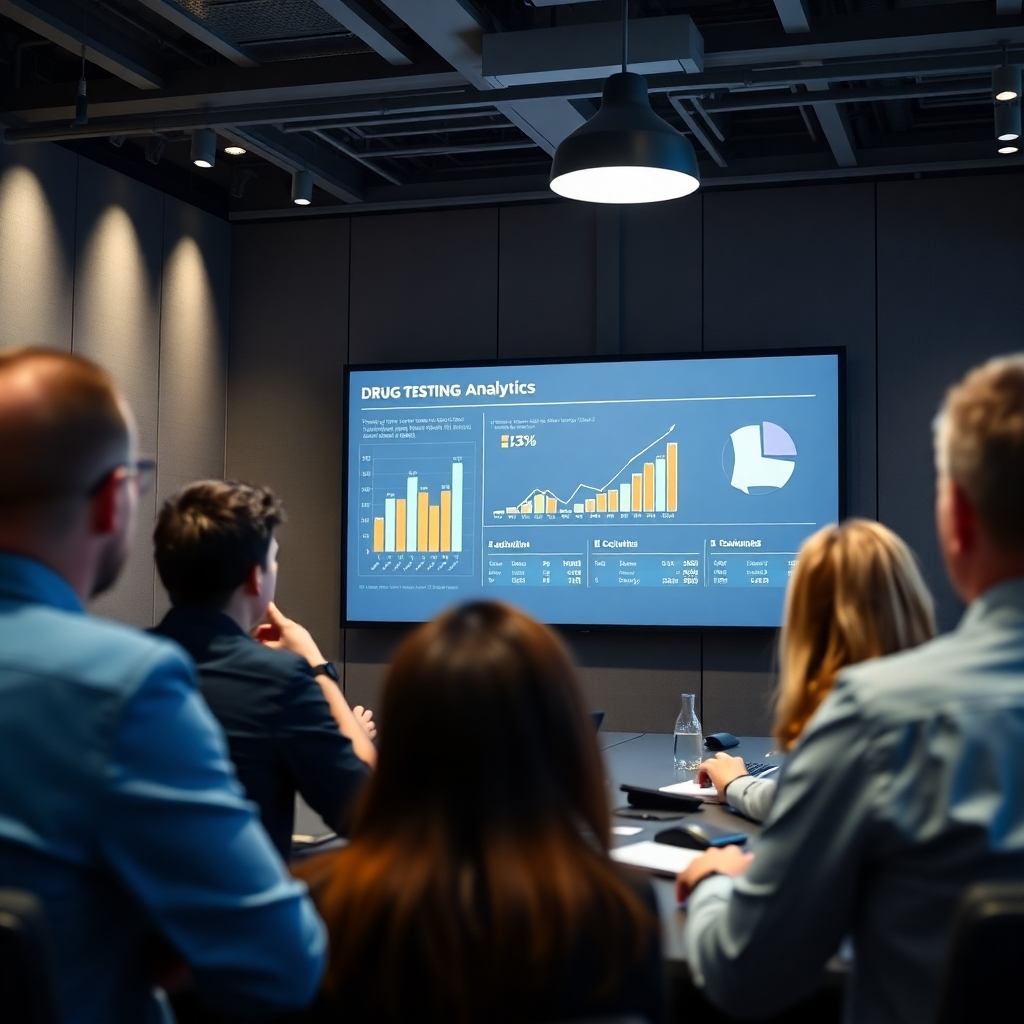 An image representing statistical data on drug testing shown on a screen during a business meeting, highlighting analytics. The lighting is focused on the screen while the rest of the room remains subtly lit. The color palette consists of corporate blues and grays, signifying professionalism. The camera angle captures reactions of connected participants. Style reference: analytical setting. Technical specs: high quality.