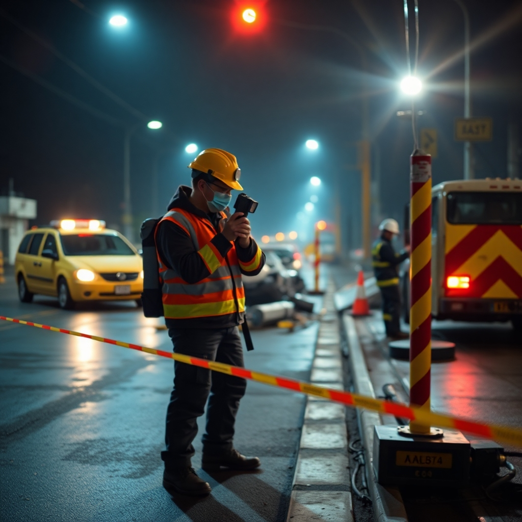 An impactful image of a post-accident scenario where a technician is conducting a test near an accident site. The environment reflects urgency yet professionalism, with bright lighting focused on the testing process. The color palette incorporates safety yellows and dark hues to emphasize seriousness. The camera angle is dynamic, capturing the steps taken to ensure safety post-incident while also including site details. Style reference: serious context. Technical specs: high quality.