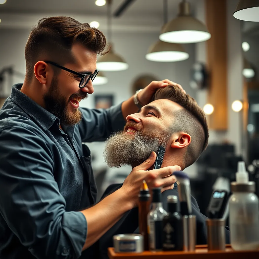 A barber enthusiastically attending to a customer in a bright, modern barber shop. The barber is styling the customer's hair and beard, with various grooming tools neatly arranged around them, emphasizing the services offered.