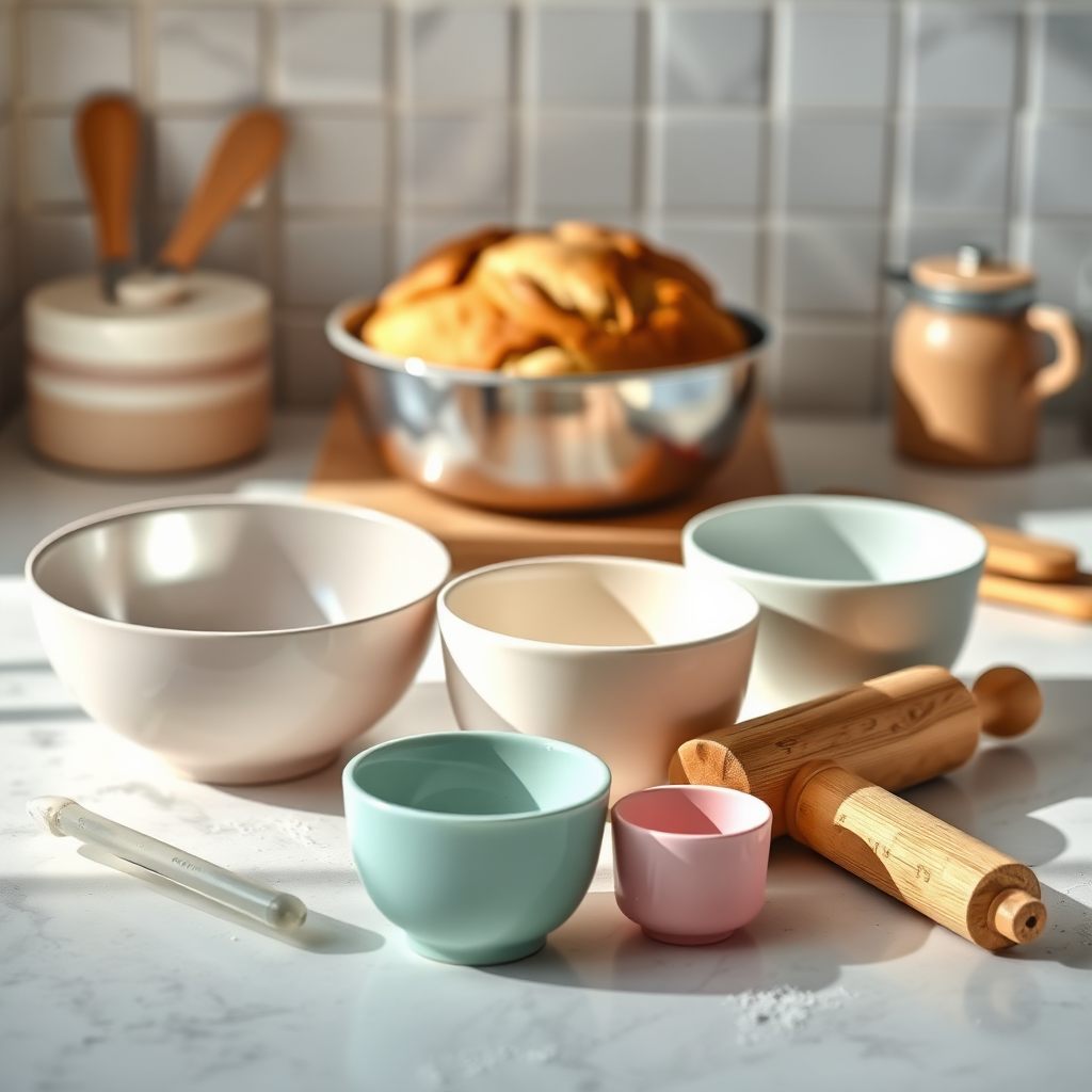 A clean, bright image featuring essential baking tools artfully laid out on a countertop, including mixing bowls, measuring cups, and a rolling pin. The soft pastel colors of the tools match the warm tones of a freshly baked loaf in the background. Natural lighting enhances the scene, creating an inviting workspace. The image should maintain a high-quality focus with 4K resolution to highlight the details.