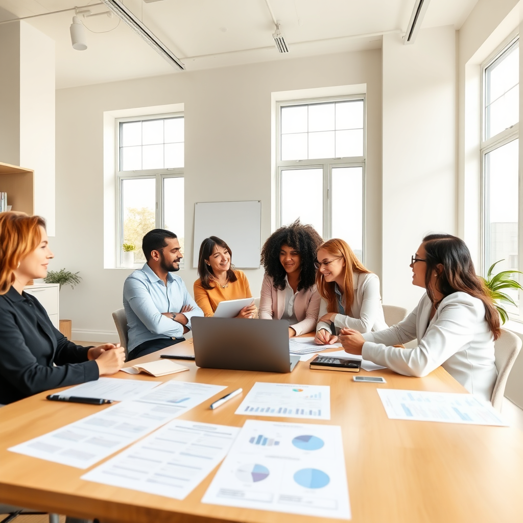 A clean, organized workspace featuring a team of accountants engaged in a strategy session surrounding a table with clear, visual compliance documents and charts. Bright, natural lighting creates an inviting environment, reflecting openness and transparency. The camera angle captures diverse team members brainstorming, focusing on their collaborative effort to achieve compliance goals, while the neatness of the desk emphasizes the importance of transparency.