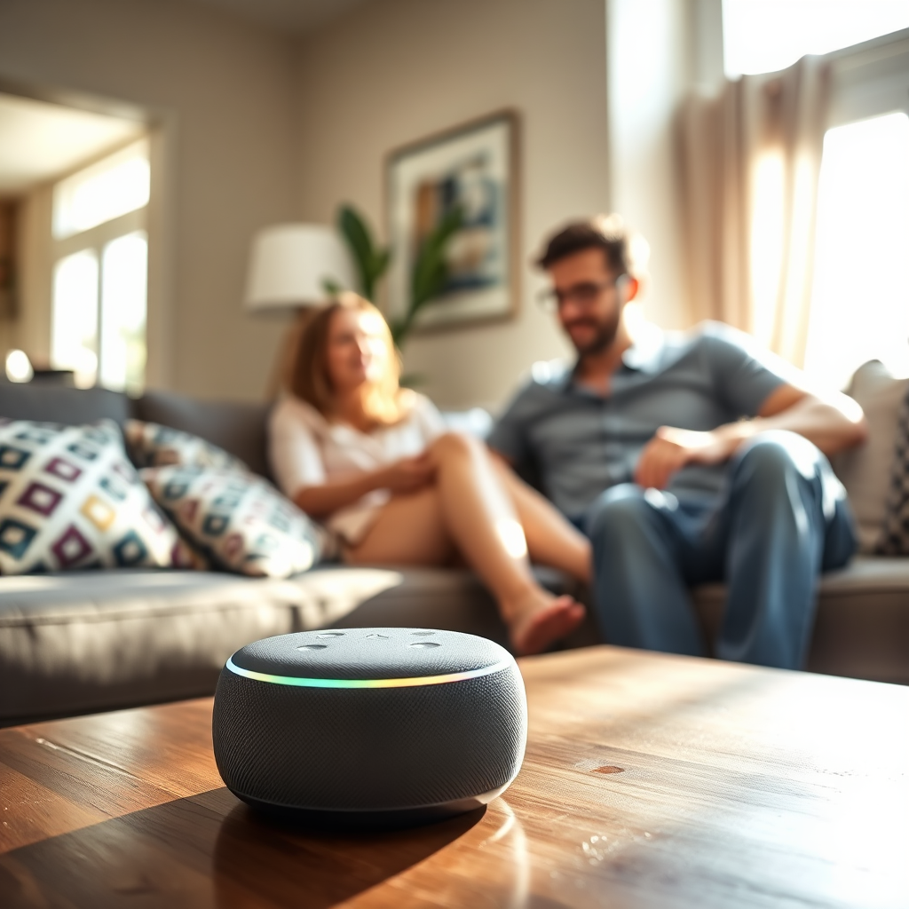 A close-up of a beautifully designed smart speaker sitting on a stylish coffee table in a trendy living room. Sunlight streams in, illuminating the surroundings to create a cozy atmosphere. The image captures the speaker as it interacts with family members, showcasing smart home features in action. Subtle details like patterned cushions and contemporary decor reinforce a sense of modern living integrated with technology. This should be a high-resolution image that embodies the warmth of home and efficiency.
