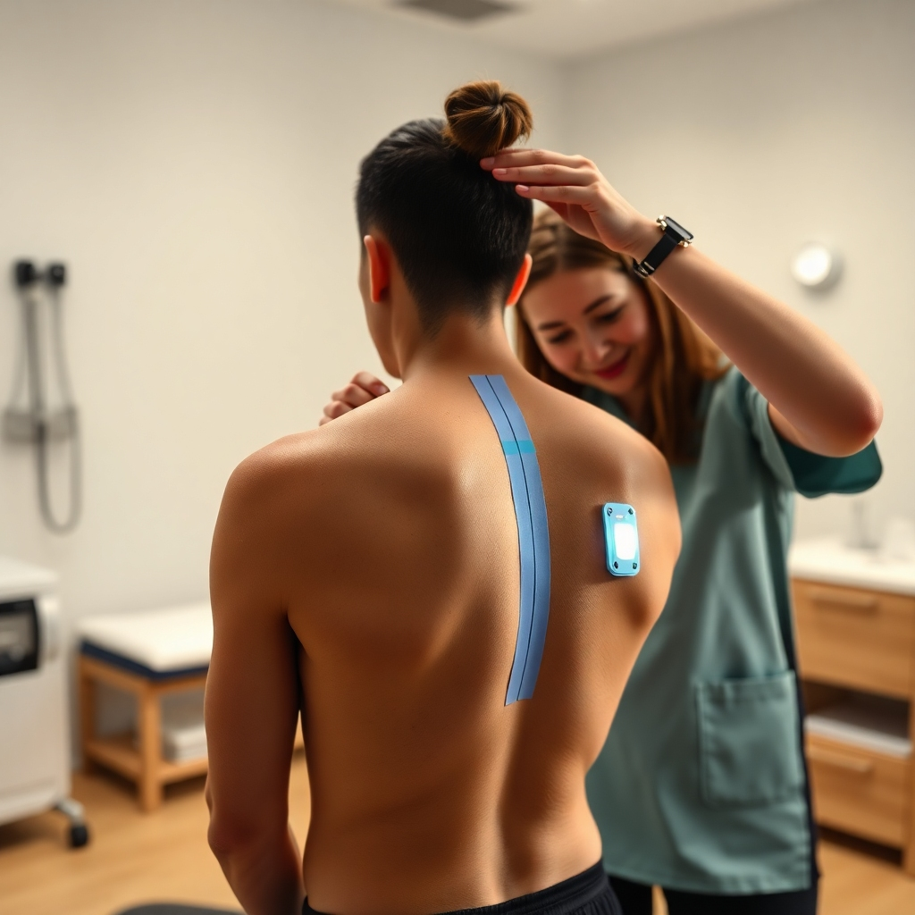 A close-up of a patient's back being treated with kinesiotape, while a physiotherapist applies electrotherapy pads on the other side. The setting is a clean therapy room with a soothing color palette, showing various therapy tools and equipment.