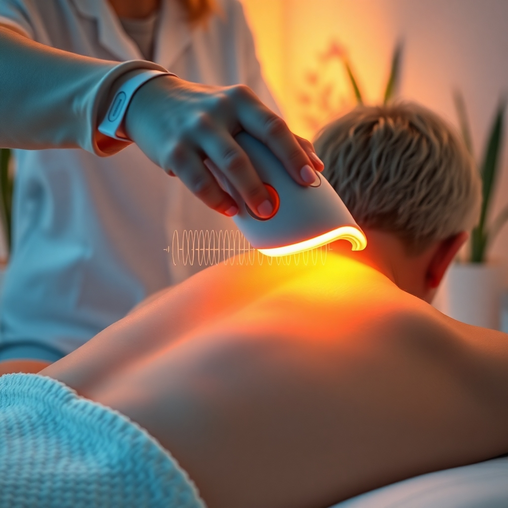 A close-up, photorealistic image of a patient receiving KT Wave therapy on their back, with the therapist operating the machine. The focus is on the glowing machine head emitting gentle pulses close to the skin, with visible waves emanating from the device. The treatment room is soft and calming, with pastel colors. The lighting is warm, accentuating the cozy atmosphere. Props include a soothing background with therapeutic plants. The image should be in 8K resolution, highlighting the precision and care involved in the therapy process.