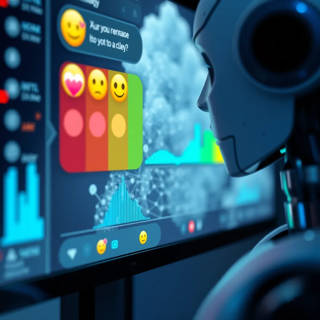 A close-up shot of a chatbot analyzing user messages on a screen, with a spectrum of emotions represented through colorful emoticons and waveform graphics. The background should show a digital cloud of data, symbolizing interaction.