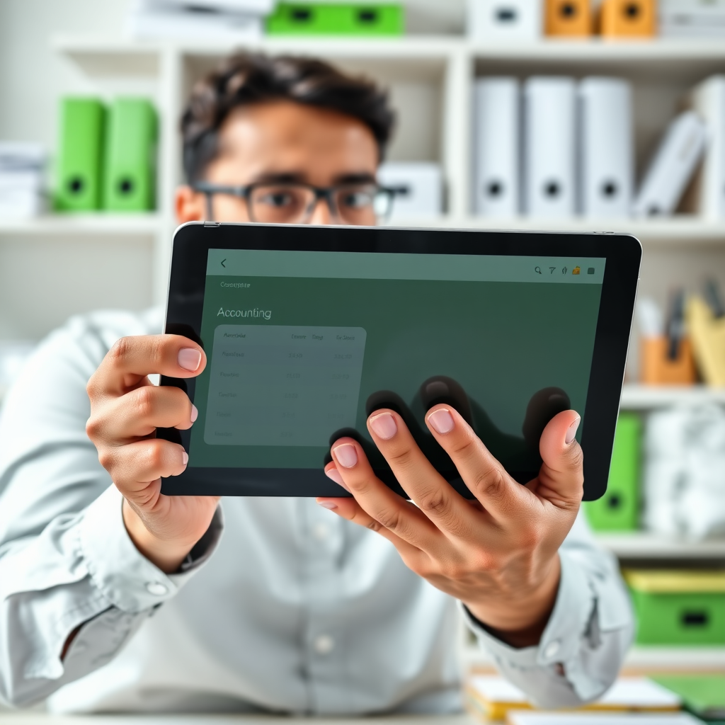 A close-up shot of a hands-on accountant exploring advanced accounting software on a tablet. The image emphasizes the user-friendly interface and the accountant’s focused expression amidst a background of organized office supplies. The color scheme is fresh and dynamic, showcasing greens and whites, while a subtle reflection on the tablet illustrates the interconnectedness of technology and accounting services. Lighting is key to highlighting the digital elements.