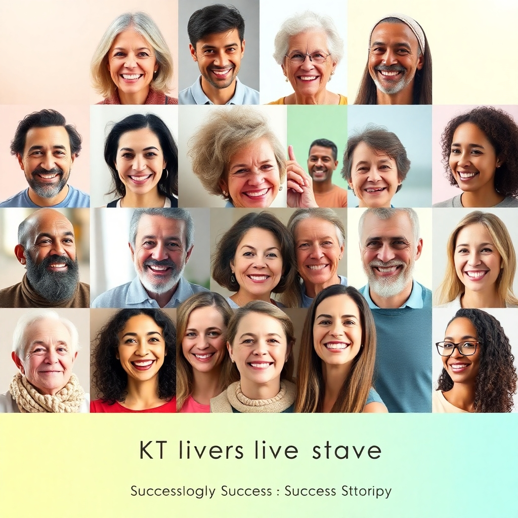 A collage of smiling faces of diverse individuals who have benefitted from KT Wave therapy. Each individual is in a different recovery scenario, such as walking, playing with children, or exercising. The background features soft, inviting colors, creating an uplifting atmosphere. The collage should be cohesive yet diverse, showcasing the widespread effectiveness of the therapy. This visualization needs to be bright and engaging, in 8K resolution, inviting viewers to learn more about these success stories.