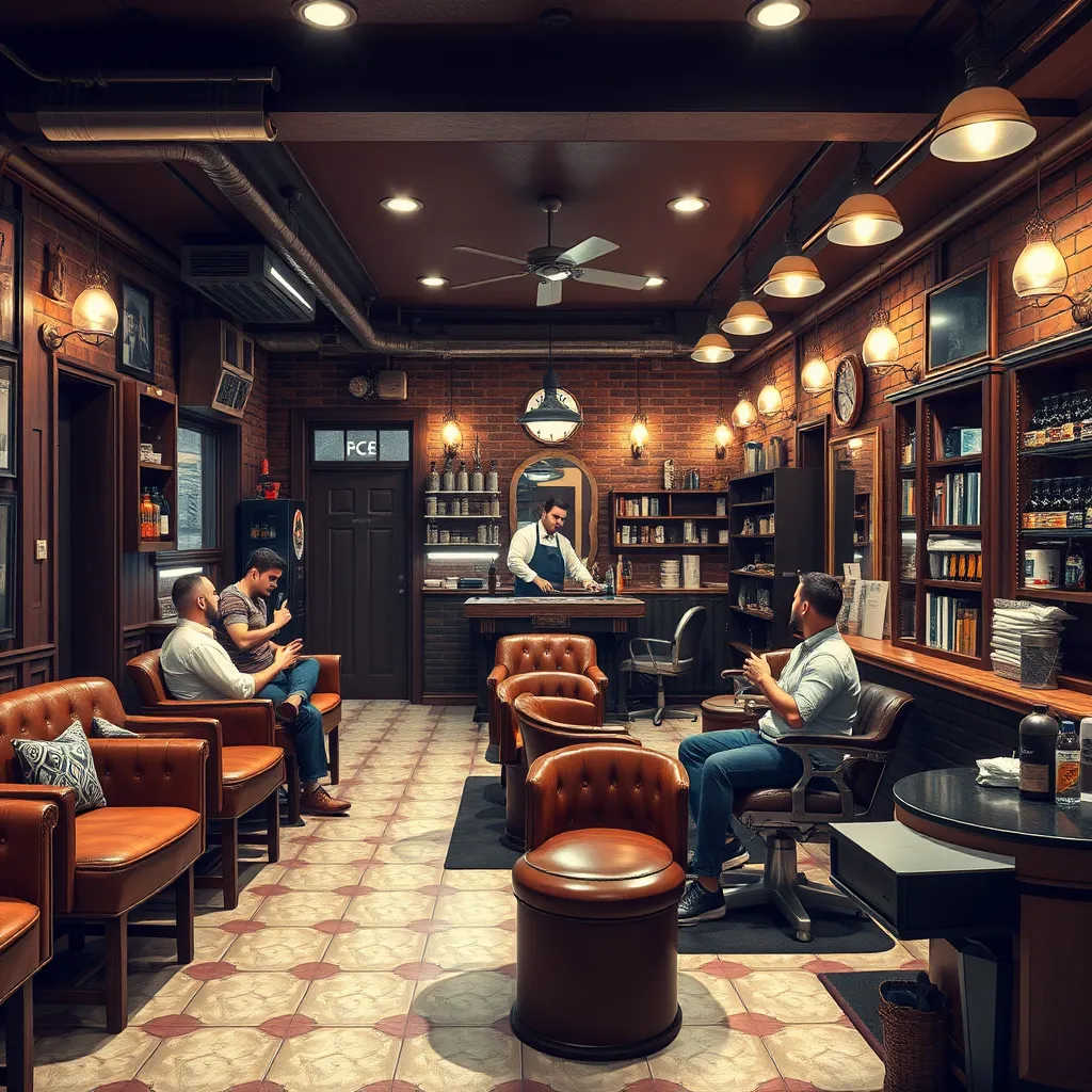 A cozy and inviting barber shop with comfortable seating, a friendly barber serving drinks to customers, and a relaxed atmosphere. The decor should be stylish and modern, enhancing the overall customer experience.