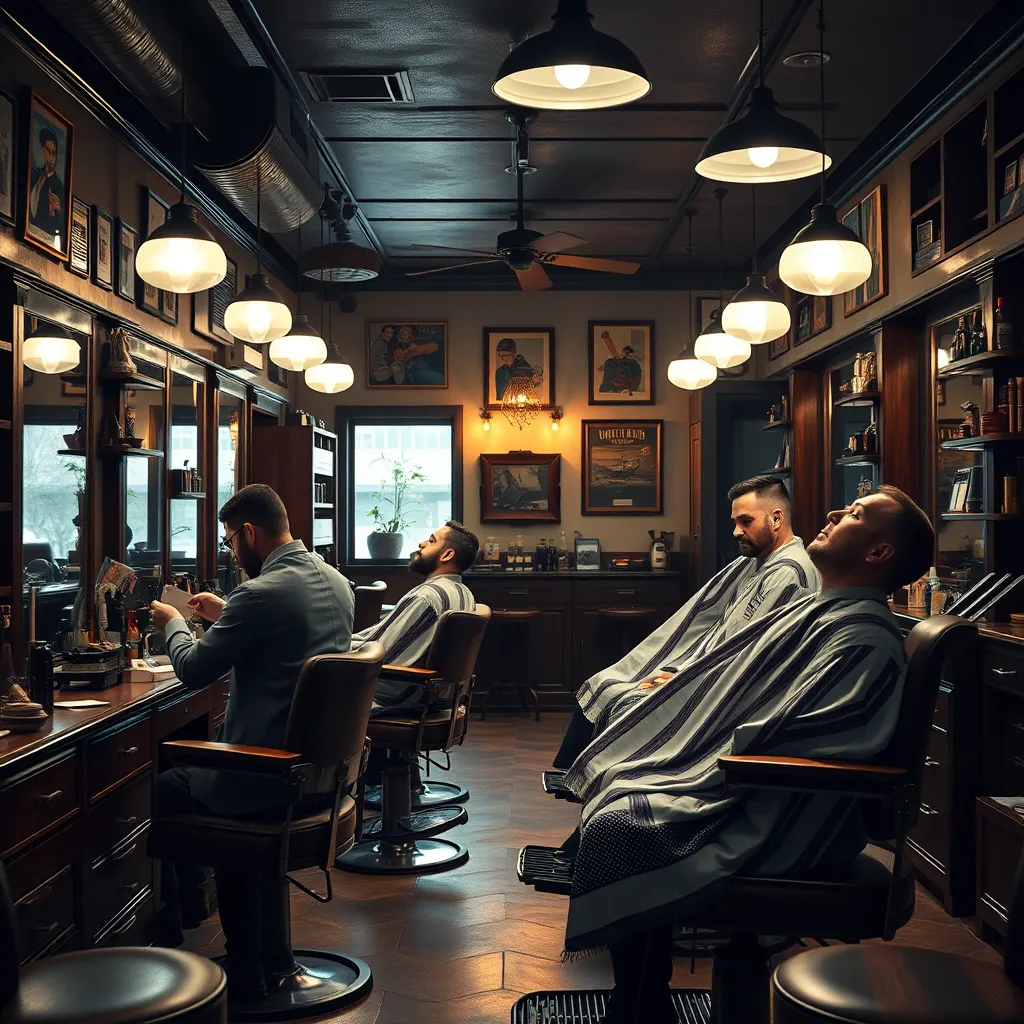 A cozy and stylish barbershop interior, featuring skilled barbers using traditional tools, carefully cutting hair and shaving customers. The atmosphere is welcoming, with vintage decor, warm lighting, and a sense of craftsmanship.