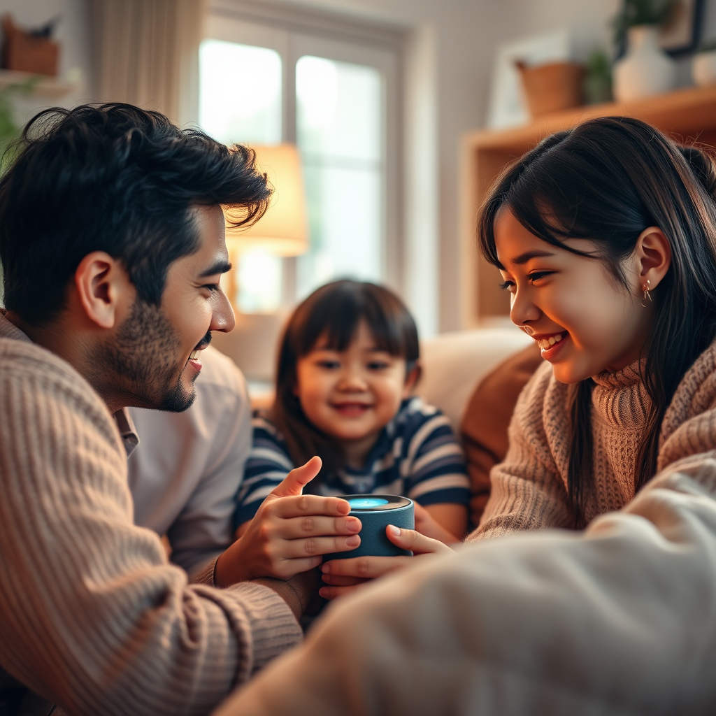 A cozy home setting featuring a family gathered around a smart speaker that is actively responding to voice commands. The warm lighting accentuates a welcoming environment, with vibrant decor and soft textures suggesting comfort. A close-up shot should capture the expressions of curiosity and engagement on the family members' faces. Textures of both the modern furniture and the smart device are crucial to demonstrate innovation blended with everyday life. The image should be in a high-quality resolution to reflect the comfort of modern technology.