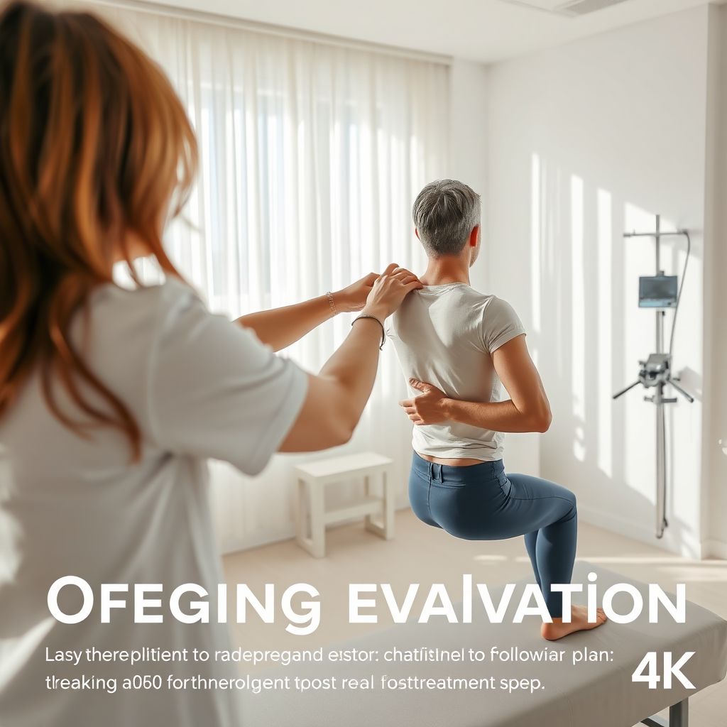 A creative image demonstrating ongoing evaluation, showing a physiotherapist measuring a patient's range of motion during a follow-up session. The space should be airy and light, filled with natural light, and the color palette should promote calmness. Textures may include smooth medical equipment combined with soft materials. The camera angle is dynamic, capturing the therapist's focus on adjustments to the treatment plan. The style is real-world based with attention to detail. Technical specs: 4K resolution.