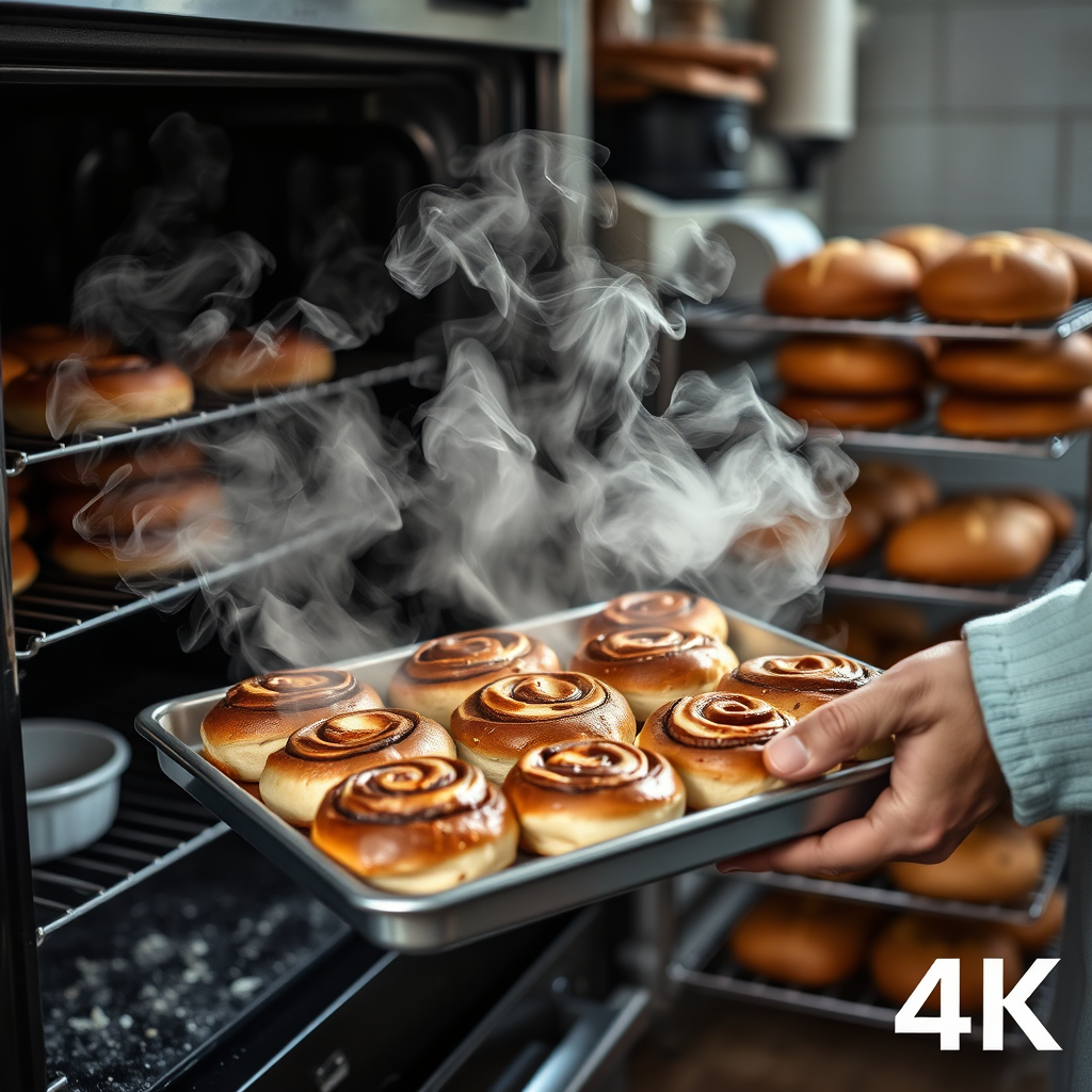 A delightful scene capturing a baker pulling a tray of steaming cinnamon buns from the oven. The image focuses on the tantalizing steam rising as it fills the air with a sweet aroma. Background elements include kitchen utensils and cooling racks piled with various breads, giving the viewer a taste of the bakery experience. Natural lighting enhances the freshness, ensuring the image is vivid in 4K resolution.