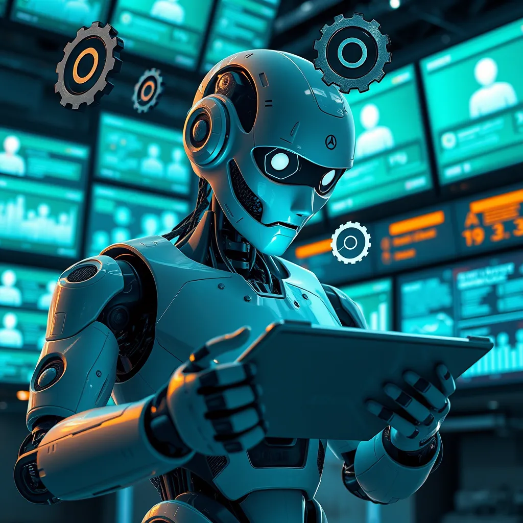 A detailed image depicting a robotic chatbot observing user interactions on a tablet screen while gathering data. Show gears and graphs floating around to symbolize learning and improvement, set in a high-tech environment filled with screens displaying user feedback.