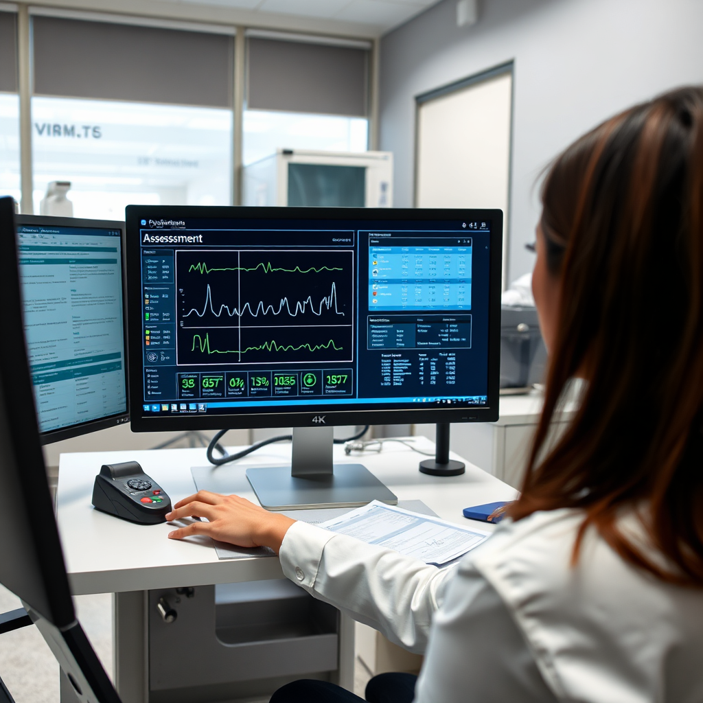 A detailed image illustrating a physiotherapist analyzing assessment data on a computer, with measurements and recommendations visible on the screen. The clinic should appear bright and well-equipped, with a sense of professionalism. Lighting is optimal to ensure clear visibility of data. Props may include digital devices and medical charts. The camera angle should provide a close-up of the screen while suggesting a collaborative environment. The style is modern and procedural. Technical specs: 4K resolution.